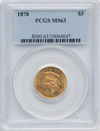1878 $3 Three Dollar Gold Pieces PCGS MS63
