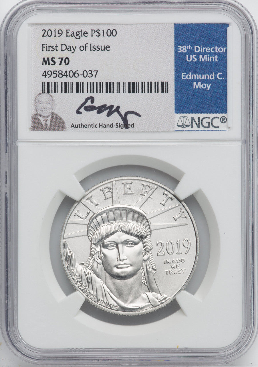 2019 $100 One-Ounce Platinum Eagle Statue of Liberty First Day of Issue NGC MS70