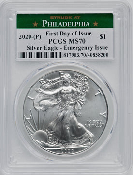2020-(P) S$1 Silver Eagle Emergency Issue Struck at Philadelphia First Day of Issue PCGS MS70