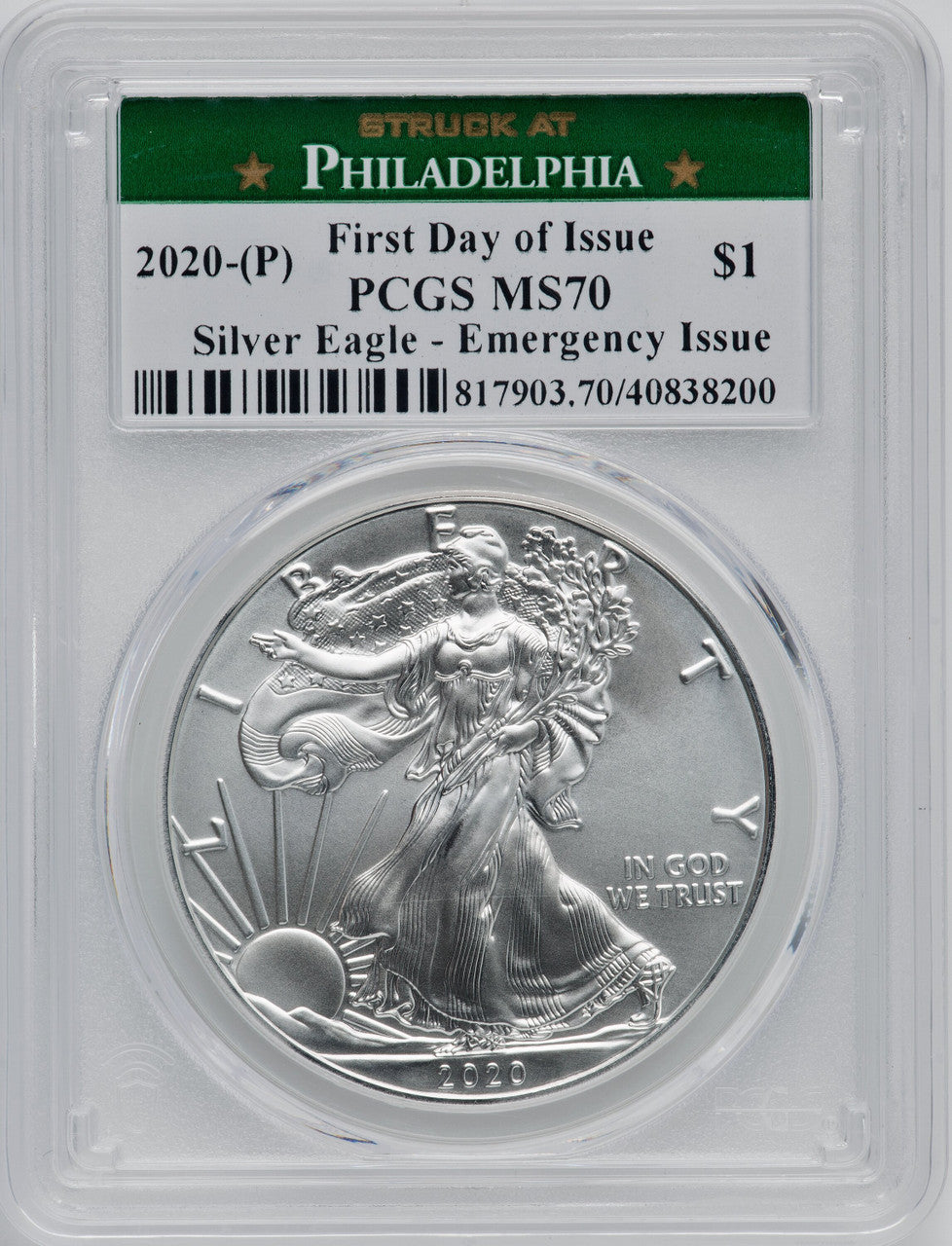 2020-(P) S$1 Silver Eagle Emergency Issue Struck at Philadelphia First Day of Issue PCGS MS70