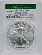 2020-(P) S$1 Silver Eagle Emergency Issue Struck at Philadelphia First Day of Issue PCGS MS70