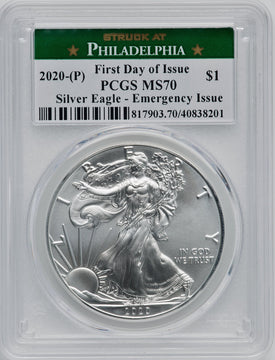 2020-(P) S$1 Silver Eagle Emergency Issue Struck at Philadelphia First Day of Issue PCGS MS70