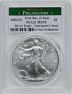2020-(P) S$1 Silver Eagle Emergency Issue Struck at Philadelphia First Day of Issue PCGS MS70