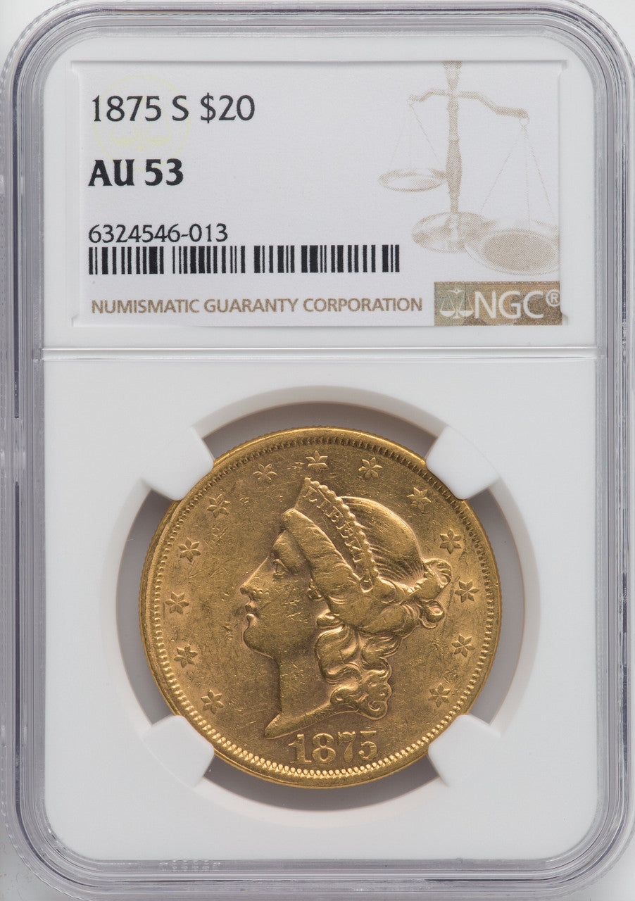 1875-S $20 Liberty Double Eagle NGC AU53