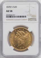 1878-S $20 Liberty Double Eagle NGC AU58