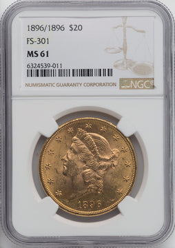 1896 $20 Repunched Date FS-301 Liberty Double Eagle NGC MS61