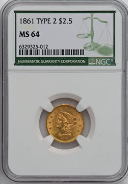1861 $2.50 New Reverse Type 2 Green Label Liberty Quarter Eagle NGC MS64