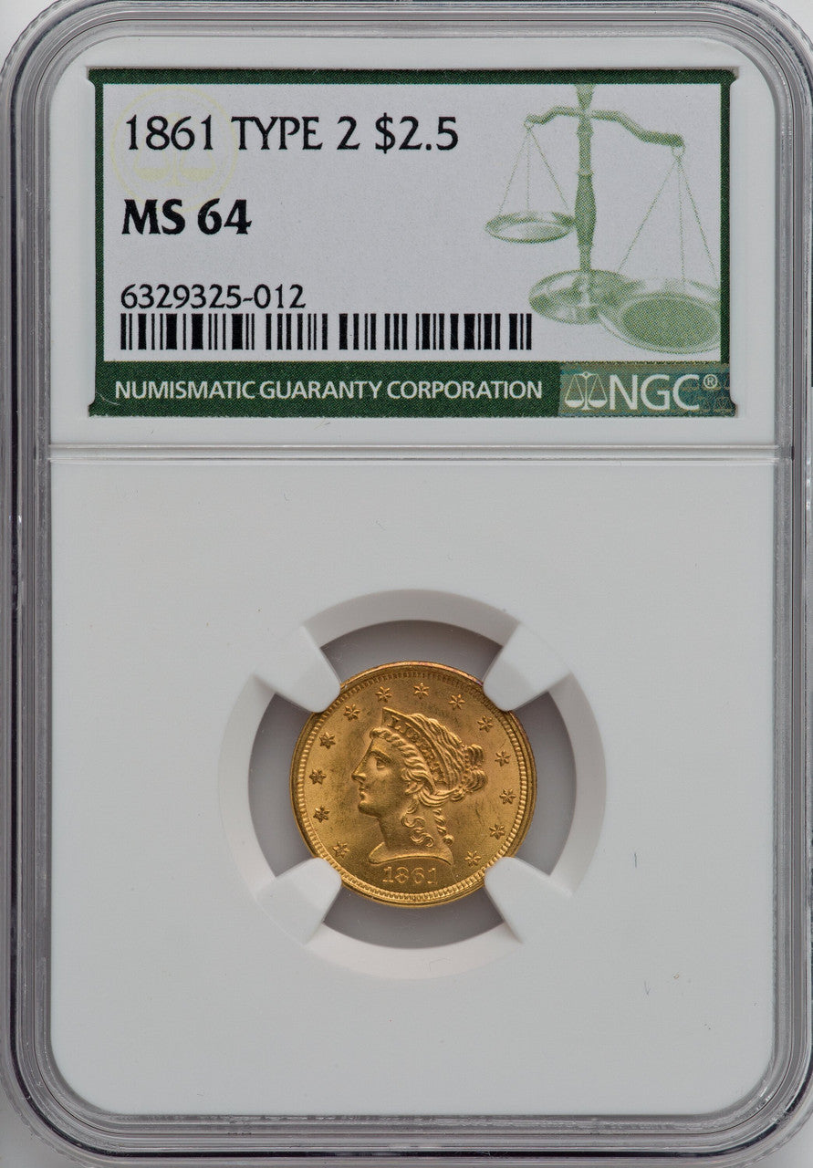 1861 $2.50 New Reverse Type 2 Green Label Liberty Quarter Eagle NGC MS64