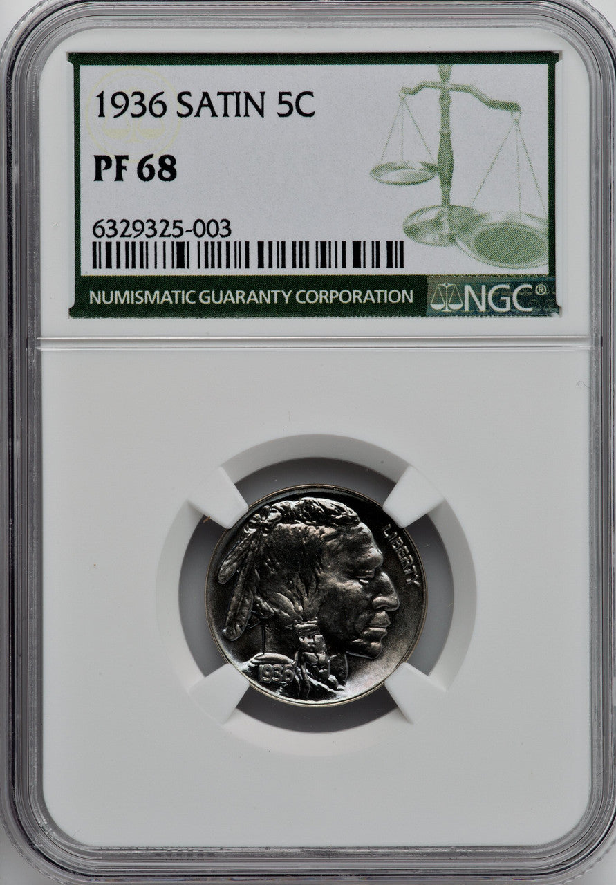 1936 5C Type One Satin Green Label Proof Buffalo Nickel NGC PR68
