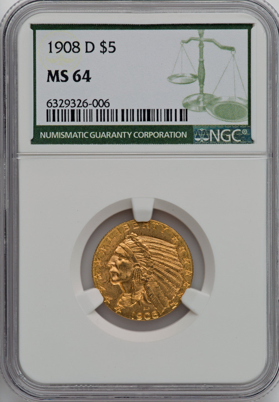 1908-D $5 Green Label Indian Half Eagle NGC MS64
