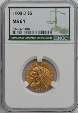 1908-D $5 Indian Half Eagle NGC MS64