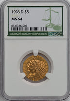 1908-D $5 Indian Half Eagle NGC MS64