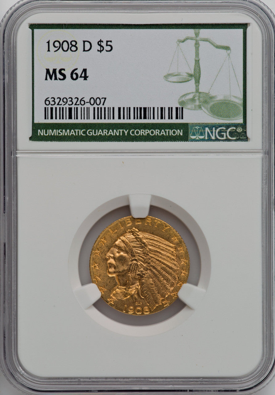 1908-D $5 Indian Half Eagle NGC MS64