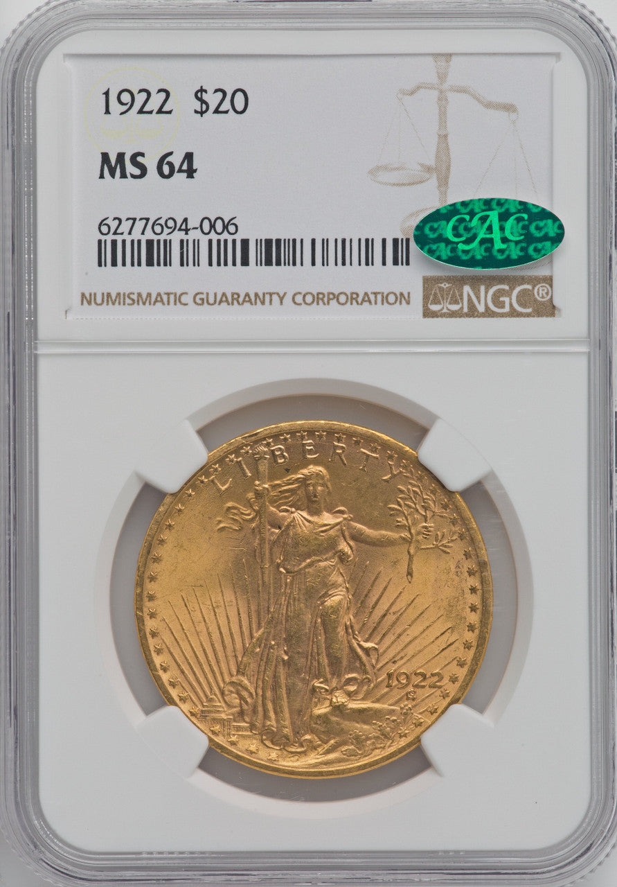 1922 $20 CAC Saint-Gaudens Double Eagle NGC MS64