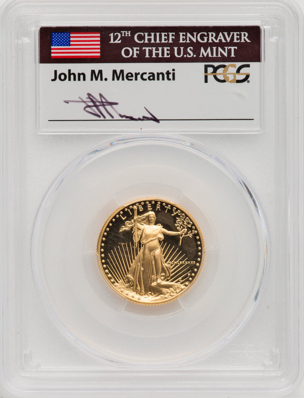 1988-P $10 Quarter-Ounce Gold Eagle Mercanti Flag Signature PCGS PR70