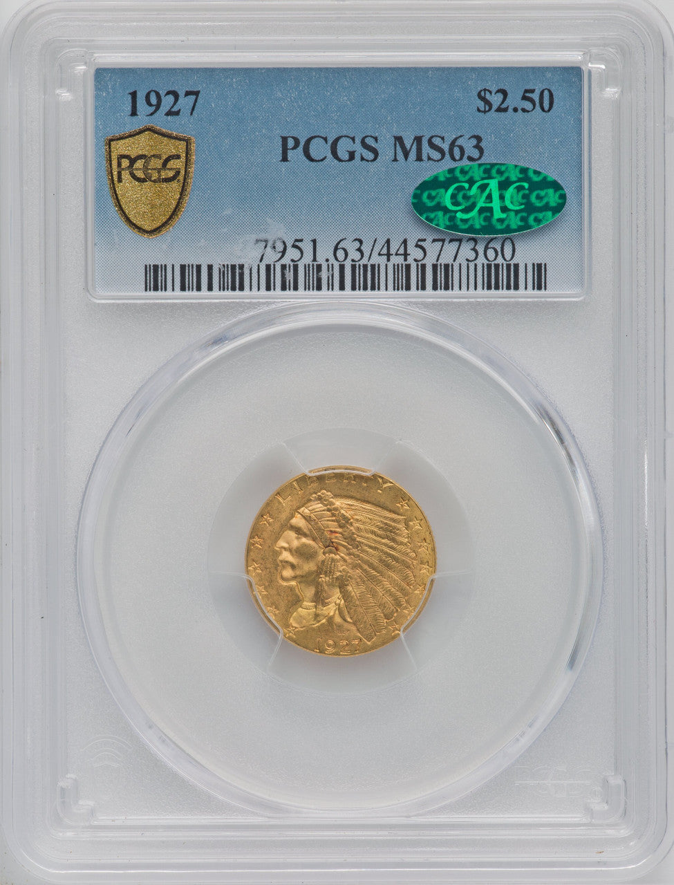 1927 $2.50 CAC Indian Quarter Eagle PCGS MS63
