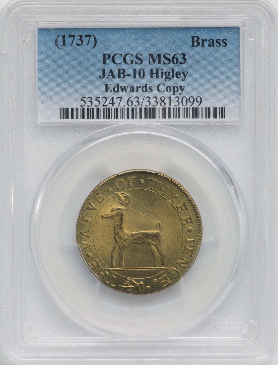 (1737) Medal JAB-10 Brass Restrike Bolen/Edwards Copy Medals and Tokens PCGS MS63