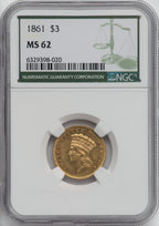1861 $3 Three Dollar Gold Pieces NGC MS62