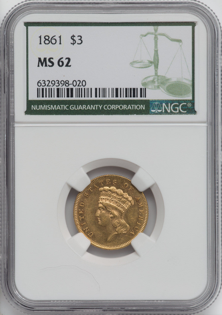 1861 $3 Three Dollar Gold Pieces NGC MS62