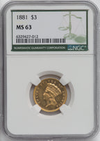 1881 $3 Three Dollar Gold Pieces NGC MS63