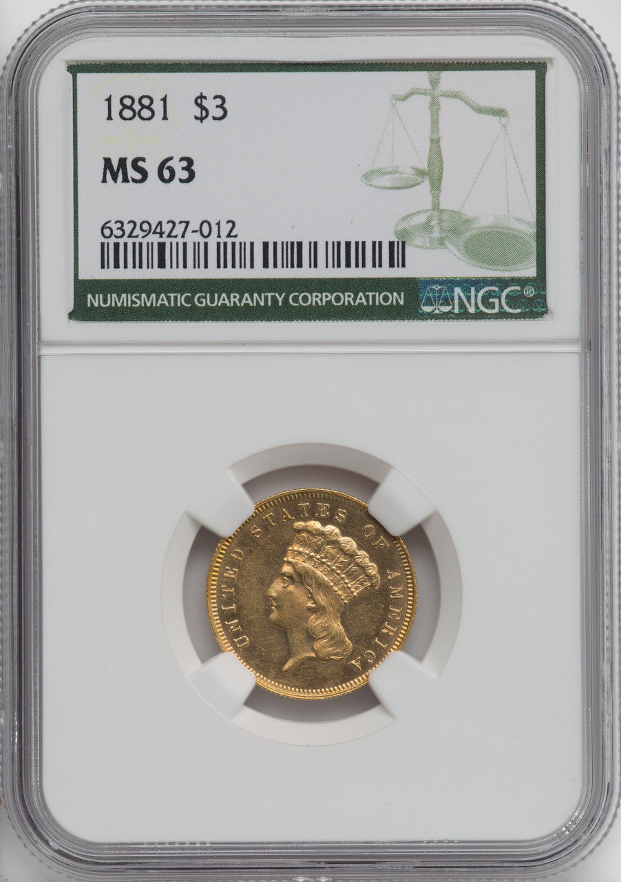 1881 $3 Three Dollar Gold Pieces NGC MS63