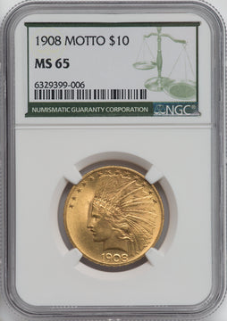 1908 $10 MOTTO Indian Eagle NGC MS65