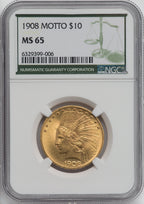 1908 $10 MOTTO Indian Eagle NGC MS65