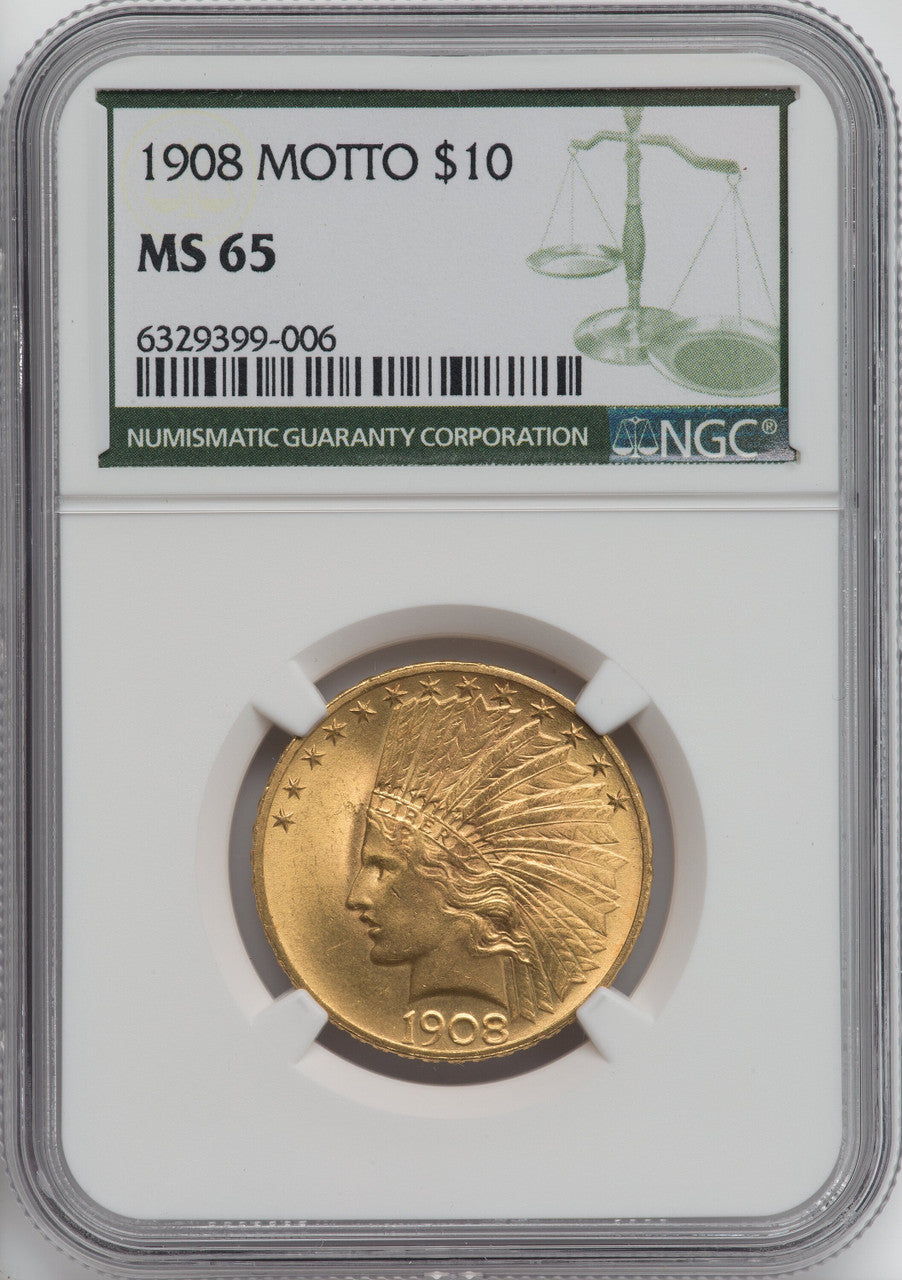 1908 $10 MOTTO Indian Eagle NGC MS65