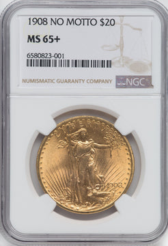 1908 $20 NO MOTTO NGC Plus Saint-Gaudens Double Eagle NGC MS65+