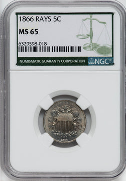 1866 5C RAYS Shield Nickel NGC MS65