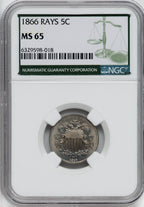 1866 5C RAYS Shield Nickel NGC MS65