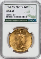 1908 $20 NO MOTTO Green Label Saint-Gaudens Double Eagle NGC MS66+