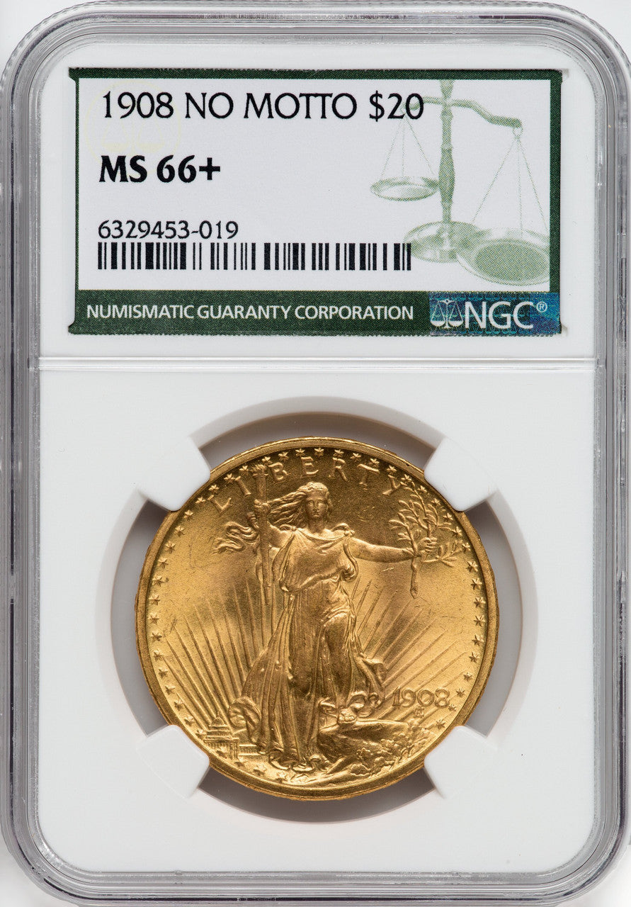 1908 $20 NO MOTTO Green Label Saint-Gaudens Double Eagle NGC MS66+