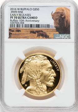 2016-W $50 One-Ounce Gold Buffalo Tenth Anniversary First Strike NGC PF70