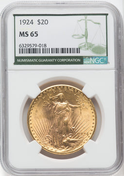 1924 $20 Saint Green Label Saint-Gaudens Double Eagle NGC MS65