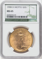 1908-D $20 MOTTO Saint-Gaudens Double Eagle NGC MS65