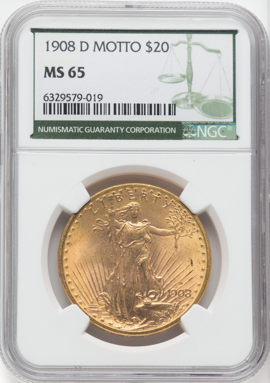 1908-D $20 MOTTO Saint-Gaudens Double Eagle NGC MS65