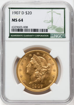 1907-D $20 Liberty Double Gold Eagle Green Label NGC MS64