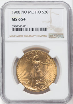 1908 $20 NO MOTTO NGC Plus Saint-Gaudens Double Eagle NGC MS65+