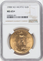1908 $20 NO MOTTO NGC Plus Saint-Gaudens Double Eagle NGC MS65+