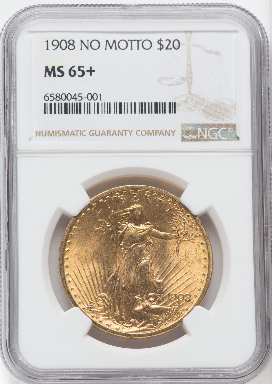 1908 $20 NO MOTTO NGC Plus Saint-Gaudens Double Eagle NGC MS65+