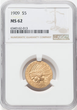 1909 $5 Indian Half Eagle NGC MS62