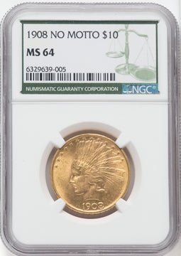 1908 $10 NO MOTTO Green Label Indian Eagle NGC MS64