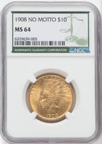 1908 $10 NO MOTTO Green Label Indian Eagle NGC MS64