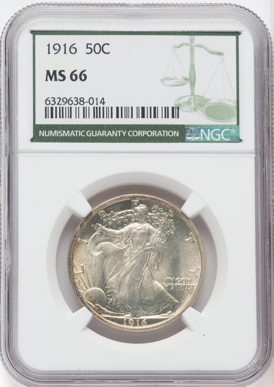 1916 50C Green Label Walking Liberty Half Dollar NGC MS66