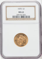 1878 $3 Three Dollar Gold Pieces NGC MS63