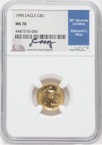1990 $5 Tenth-Ounce Gold Eagle NGC MS70 Moy Signed