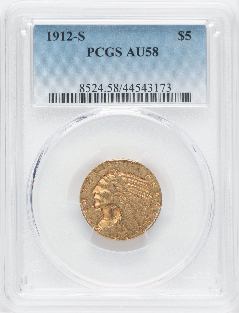 1912-S $5 Indian Half Eagle PCGS AU58