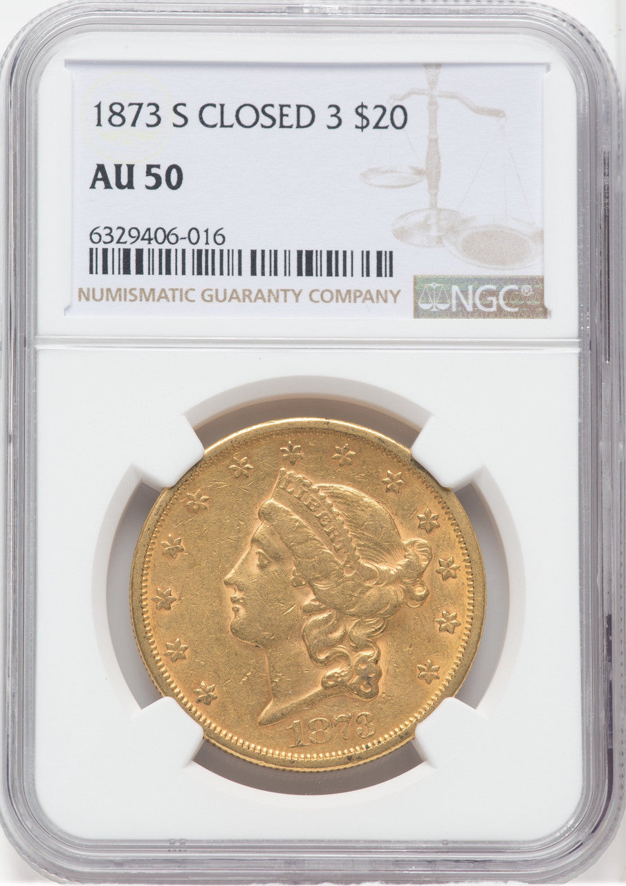 1873-S $20 Closed 3 Liberty Double Eagle NGC AU50