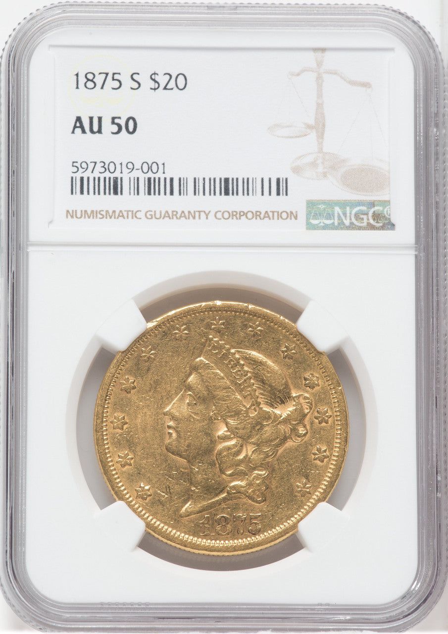 1875-S $20 Liberty Double Eagle NGC AU50